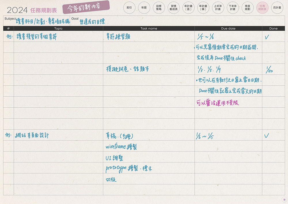 digital planner-timetable-2024-paper-texture-任務規劃表-手寫說明 | me.Learning 