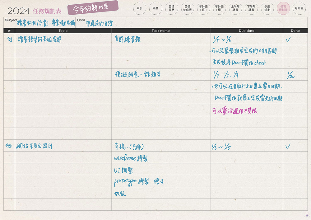 digital planner-timetable-2024-paper-texture-任務規劃表-手寫說明 | me.Learning