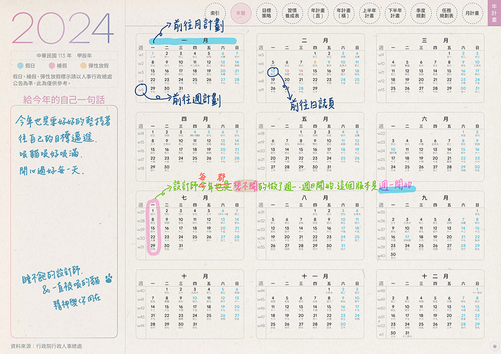 digital planner-timetable-2024-Monday-paper-texture-年曆頁手寫說明 | me.Learning