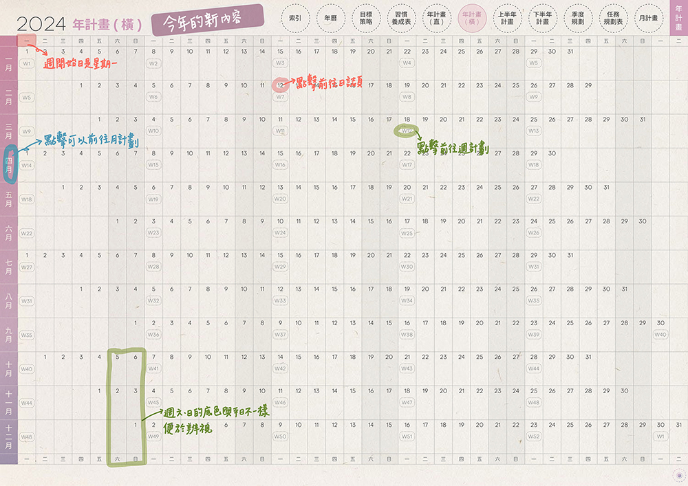 digital planner-timetable-2024-paper-texture-年計畫-橫-手寫說明 | me.Learning