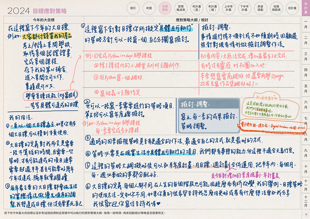 digital planner-timetable-2024-paper-texture-目標應對策略手寫說明 | me.Learning
