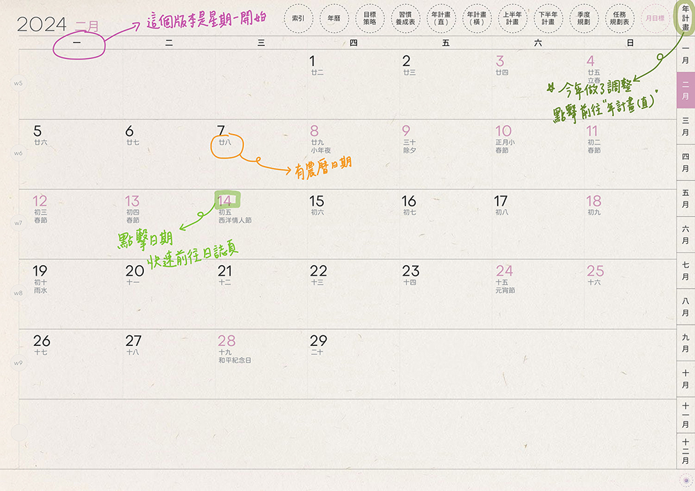 digital planner-timetable-2024-paper-texture-月計劃手寫說明2 | me.Learning