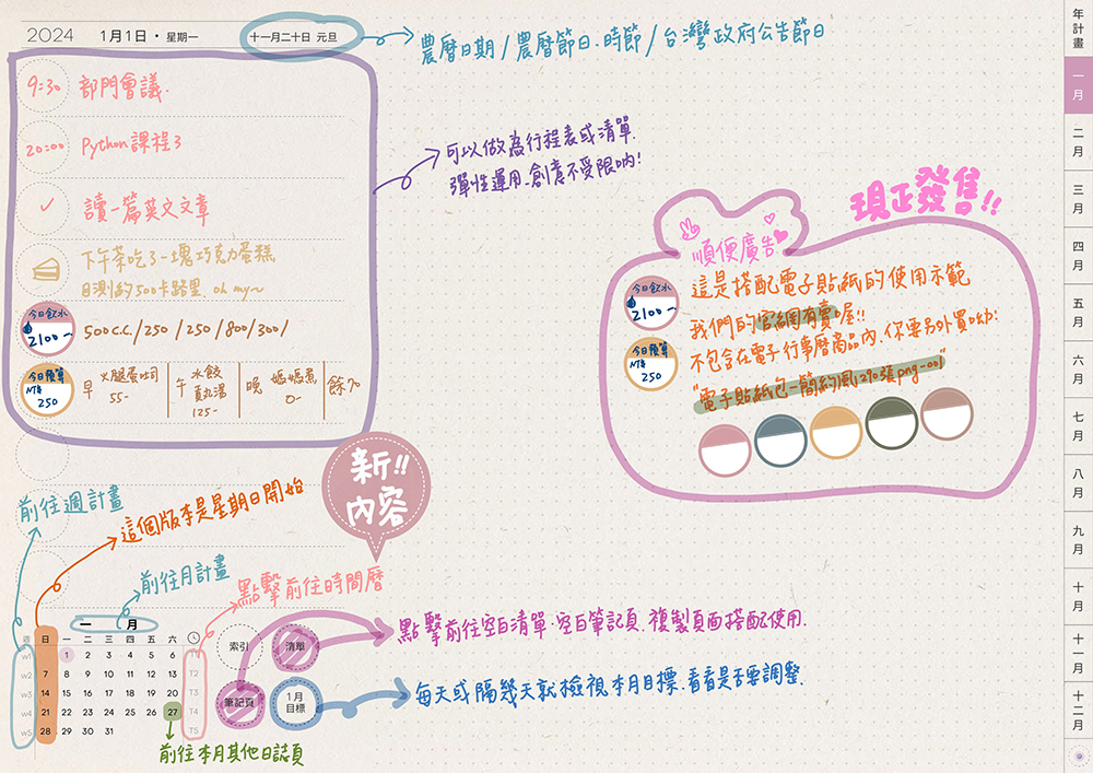 digital planner-timetable-2024-paper-texture-日誌頁面手寫說明 | me.Learning