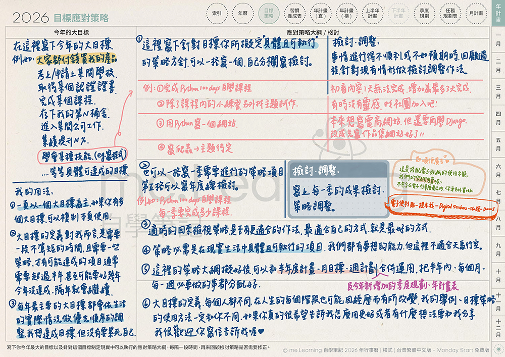 iPad digital planner 2021 - FreeVersion -Coral Red 週計畫手寫說明3 | me.Learning 嘔心瀝血說明檔2026FreeVersion Timetable M G TaiwanLunarCalendar PaperTexture 頁面 22 s | 免費下載iPad電子手帳digital planner-2026年 design by me.Learning | me.Learning | 2025 | digital planner | goodnotes