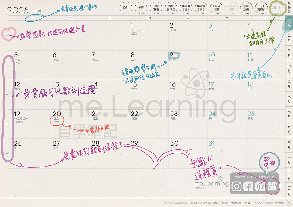 iPad digital planner 2022 - FreeVersion -Coral Red 月計劃手寫說明1 | me.Learning 嘔心瀝血說明檔2026FreeVersion Timetable M G TaiwanLunarCalendar PaperTexture 頁面 23 s | 免費下載iPad電子手帳digital planner-2026年 design by me.Learning | me.Learning | 2025 | digital planner | goodnotes